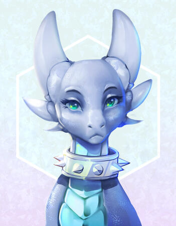 A painted, digital portrait of a young dragon from the front who is looking at the viewer. The dragon has beautiful teal eyes with eyelashes and looks confident. The dragon is wearing a metal spiked collar. The background consists of a pretty gradient