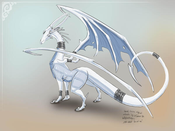 digital artwork of a large white dragon standing, showed from behind. the dragon is looking at the viewer and wearing wind-themed jewelry. this dragon is way bigger than the white dragon on other pictures