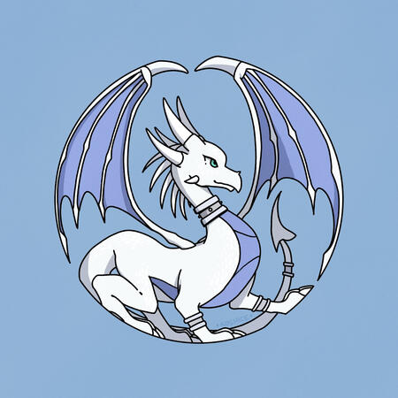 fullbody art of a white dragon who was drawn in such a way that it forms a circle, with a blue background