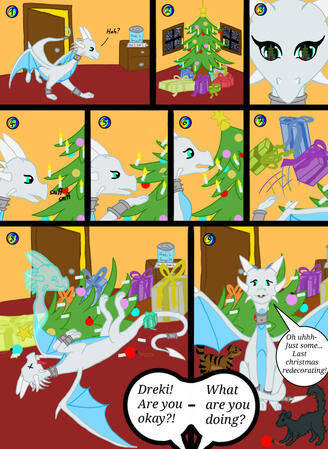 a comic consisting of 9 panels. the story goes that a white dragon is entering a room, admiring a christmas tree inside, gets too close so the tree falls on her and a person asking it was it was doing, answering with "just some last christmas decorating"