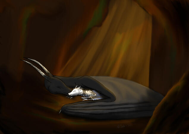 a digital painting of two dragons. the larger, black one is cuddling with the smaller white one in a dark cave, wings over the latter