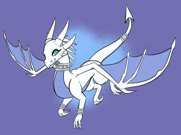 digital drawing of a dragon showing its full body. it is white with sky blue underbelly and wings. it's looking at the viewer and flying