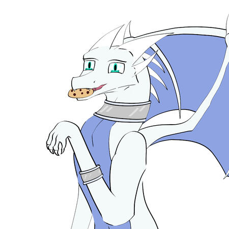 digital artwork of a white dragon with sky blue underbelly and wings. the dragon is only shown until the waist. it is holding one paw up and is holding a cookie in its maw, looking at the viewer