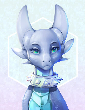 A painted, digital portrait of a young dragon from the front who is looking at the viewer. The dragon has beautiful teal eyes with eyelashes and looks confident. The dragon is wearing a metal spiked collar. The background consists of a pretty gradient