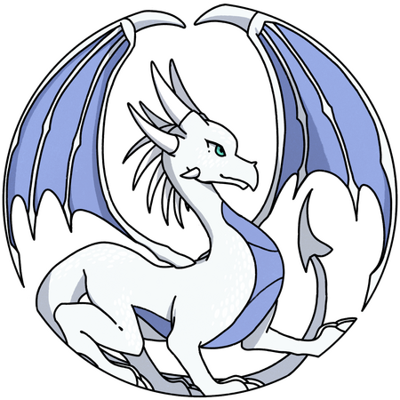 Fullbody art of a white dragon who was drawn in such a way that it forms a circle, with a blue background