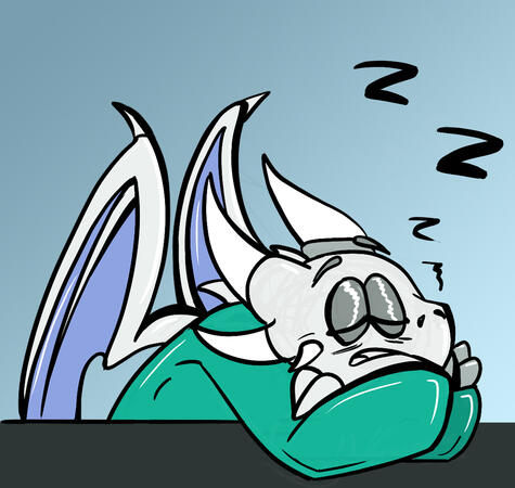 digital doodle of a white dragon sleeping on its arms on a table. the dragon is anthropomorphic and wears a green pullover. there are the letter "z" coming out of its snout