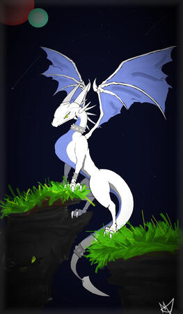 digital painting of a white dragon standing gracefully on two grassy platforms with its wings wide open. it's night and there are two moons shown in the corner