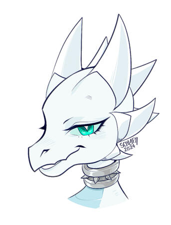 a digital artwork of the head of a white dragon. the dragon is shown from the side and it looks at the viewer. it has teal eyes, six horns, a light blue chest and a spiked, metal collar