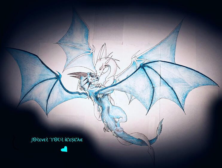 Two dragons in flight. The one in the back is a white dragoness (me) and in front is a blue dragon (my mate). We are enveloping our bodies in flight