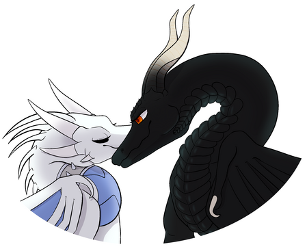 portraits of two dragons shown from the side, one white dragon with sky blue accents and another bigger dragon with black scales and ebony, curved horns. they are nuzzling each other with their snouts, the black one looking lovingly at the other