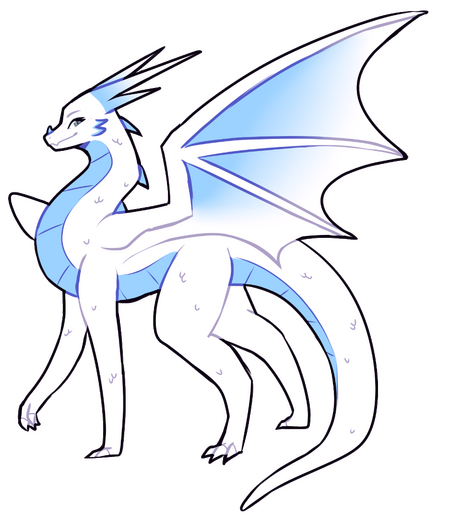 a digital fullbody artwork of a white dragon without a background. the dragon is shown from the side and has long legs, a light blue underbelly, wings and horns. the dragon looks like a traditional dragon