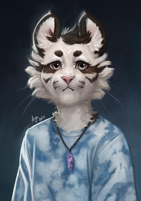 a digital portrait of a white, anthropomorphic tiger. the background is dark and the tiger is looking at the viewer. the tiger is wearing a shirt with a sky pattern on it, and it has a rather sad face
