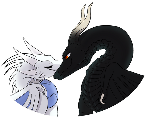 Portraits of two dragons shown from the side, one white dragon with sky blue accents and another bigger dragon with black scales and ebony, curved horns. They are nuzzling each other with their snouts, the black one looking lovingly at the other